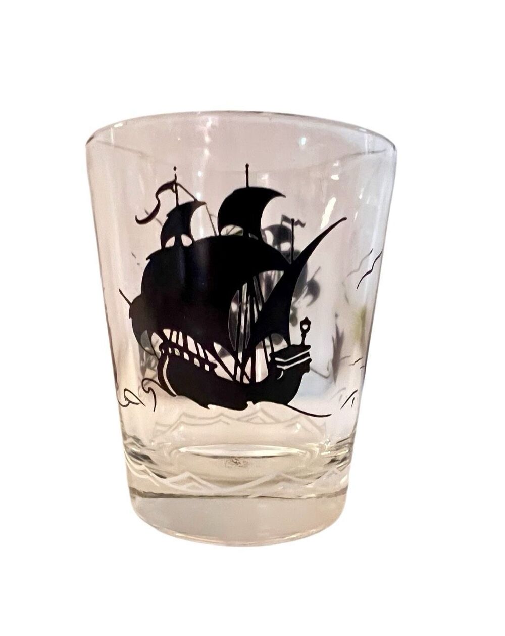 Vintage Clipper Ship Whiskey Glass, Black Pirate Ship Barware, MCM Barware